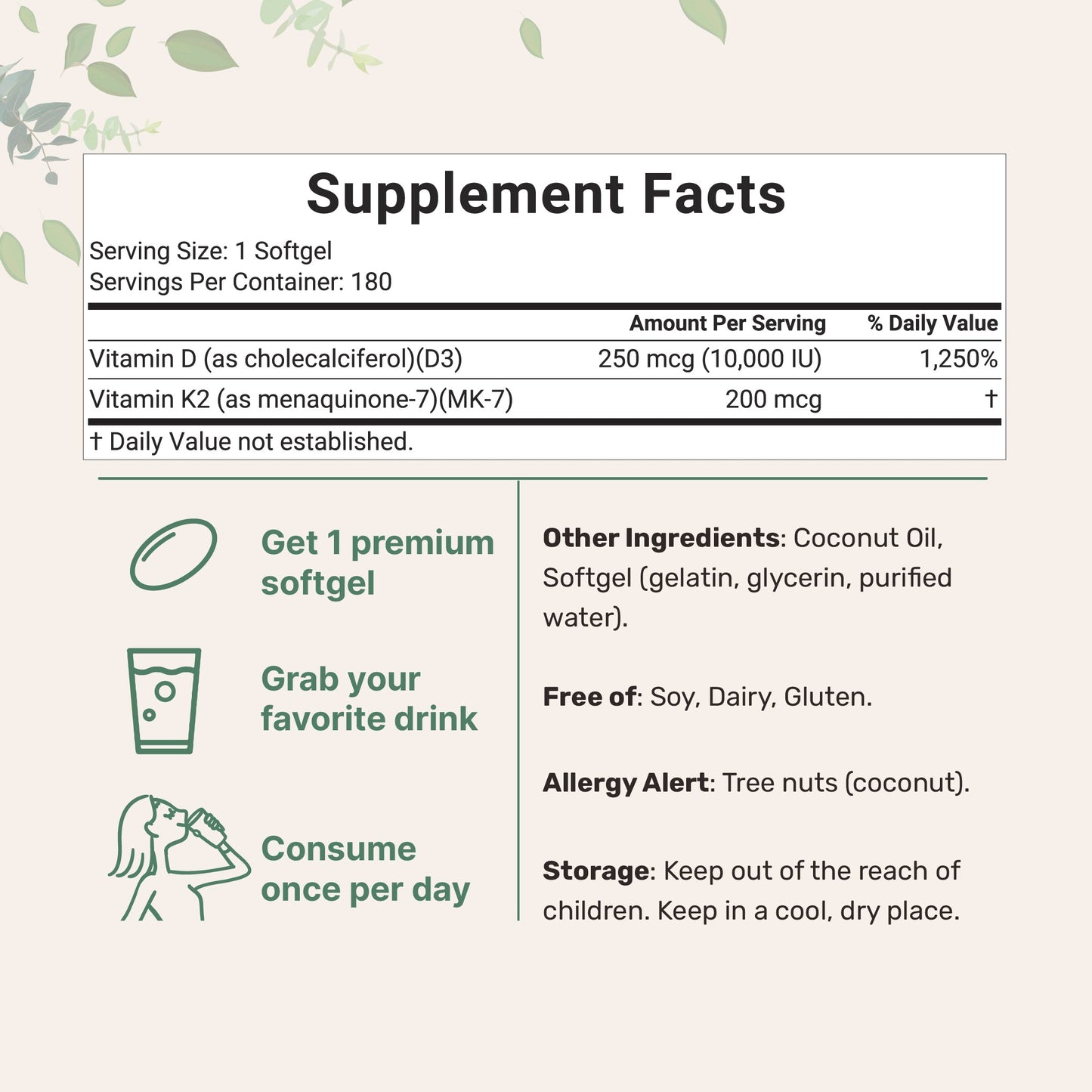 Vitamin D3 K2 Supplement Softgels